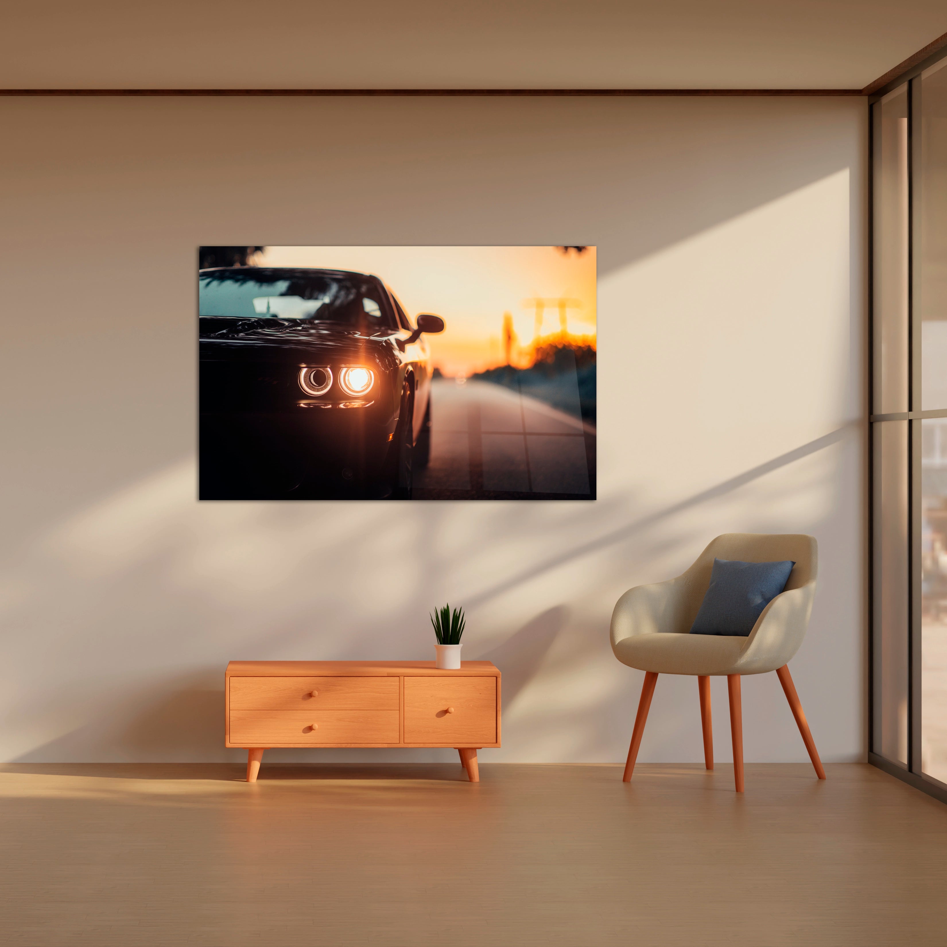 Car Parked Highway With Illuminated Headlight Sunset