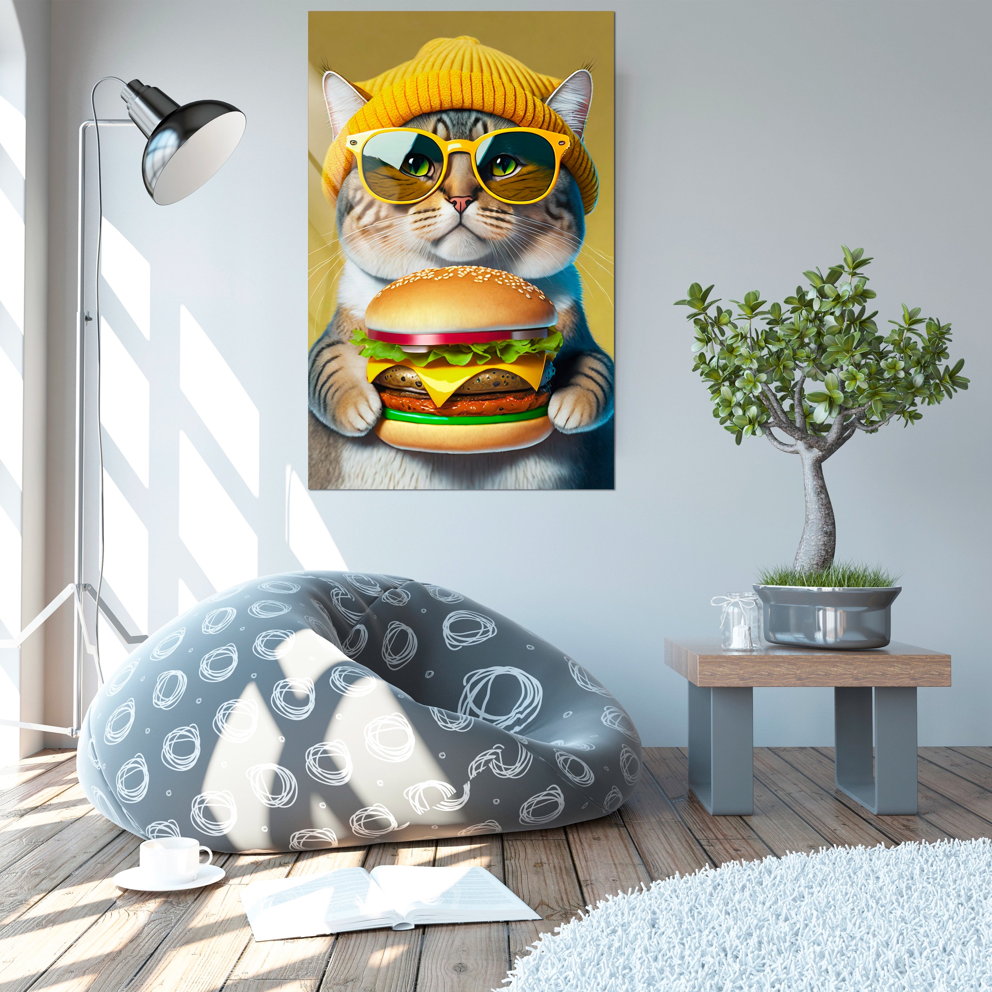 Cat Wearing a Yellow Beanie Wearing Sunglasses, Eating a Hamburger