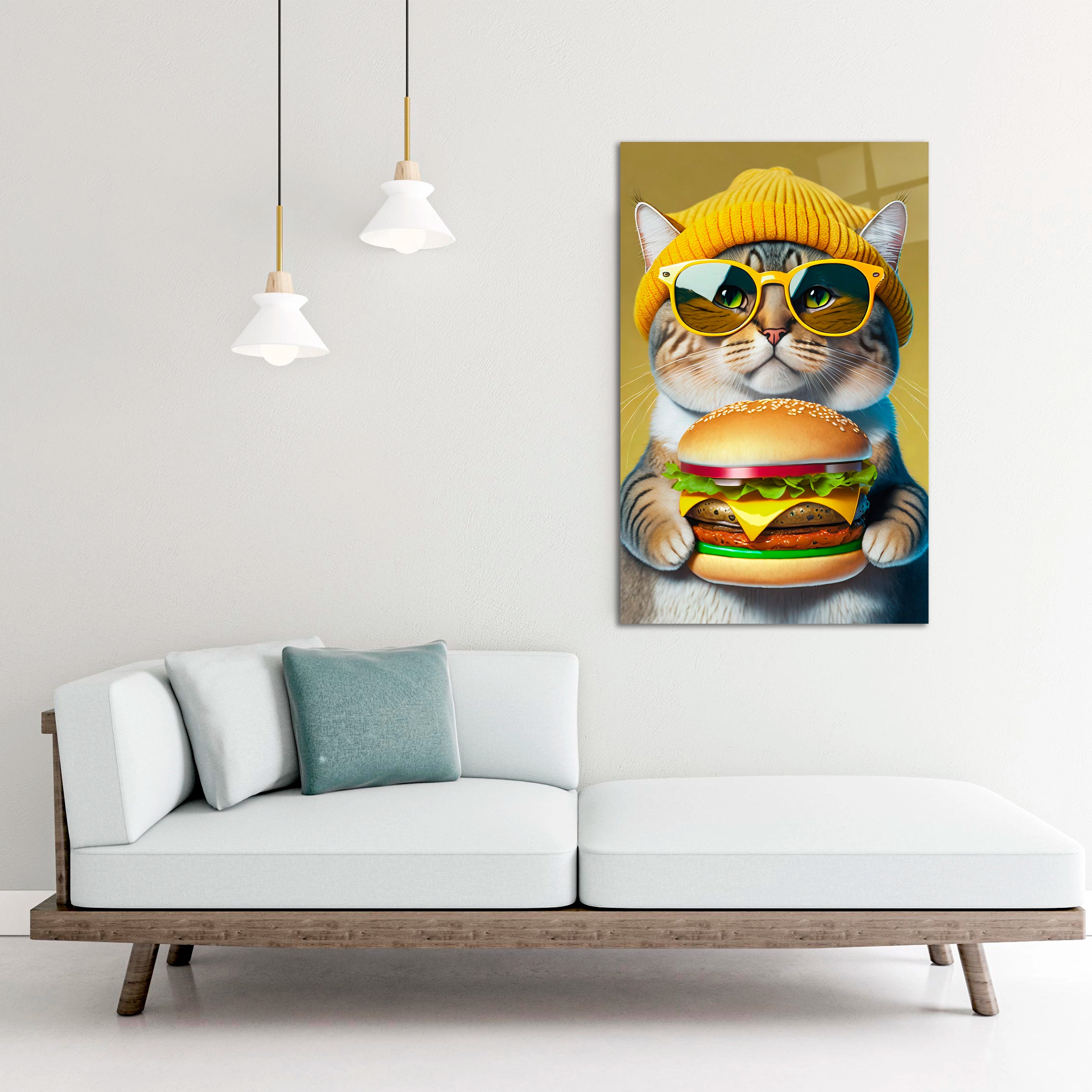 Cat Wearing a Yellow Beanie Wearing Sunglasses, Eating a Hamburger