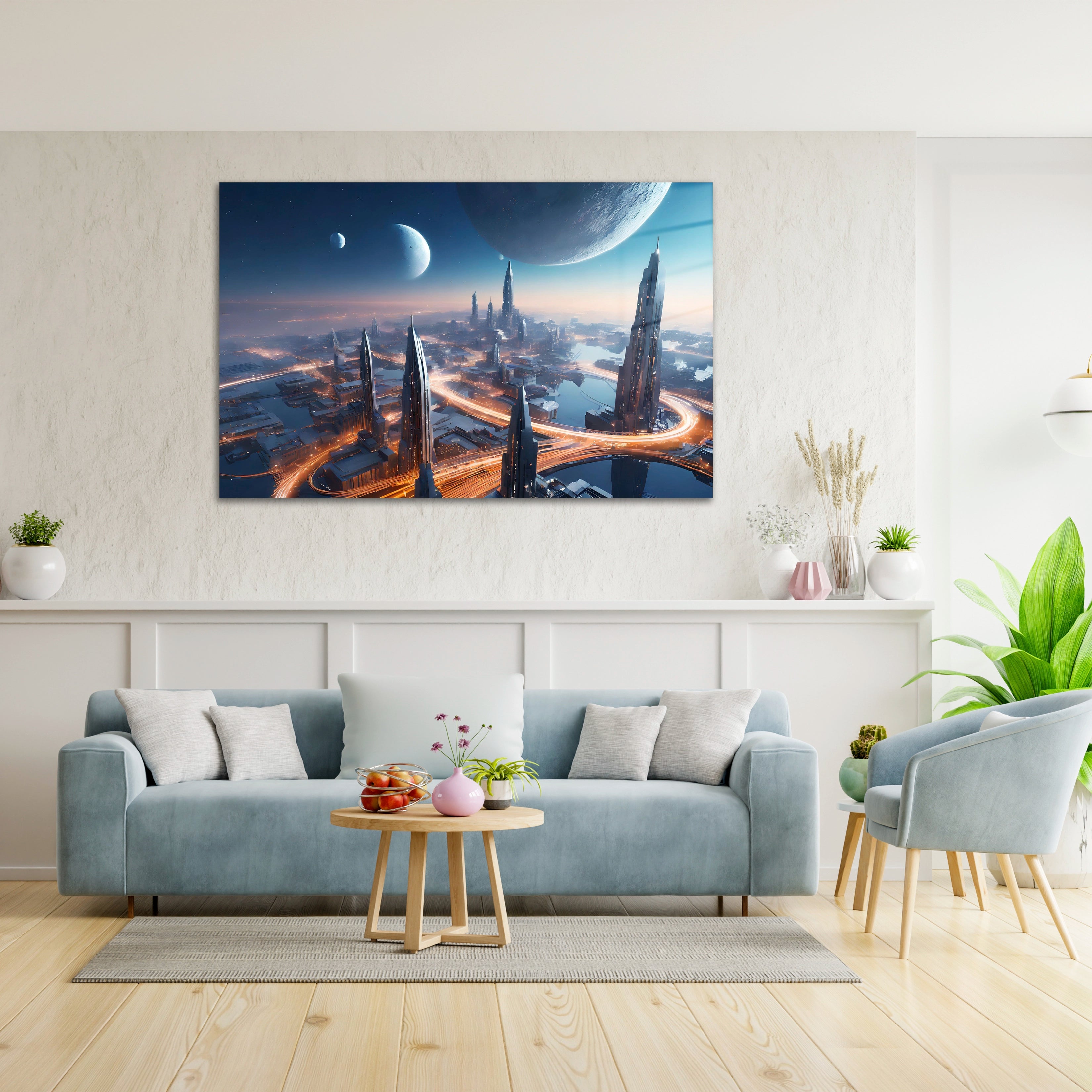 Futuristic City in The Sky With Moons